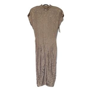 Vtg Michelle Stewart Dress 12 Taupe Paisley Print Mock Neck Basque 80s NWT